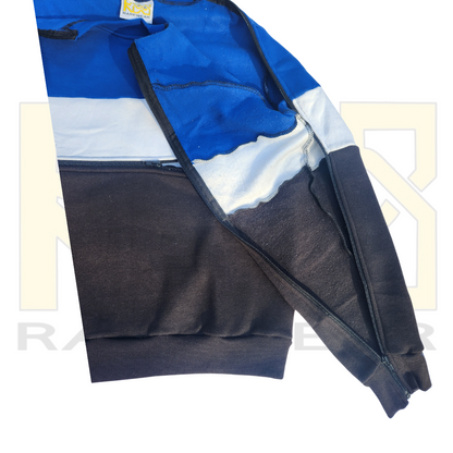Blue white and black adaptive children's jumper with zip from neck to wrist, fully open 